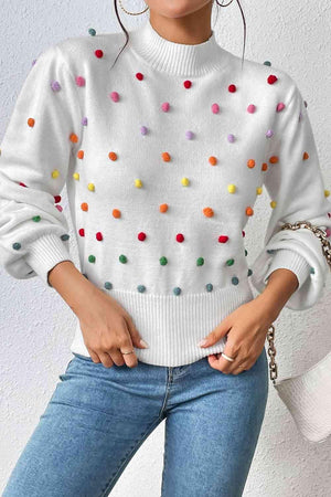 Cozy Aesthetic Mock Neck Pom-Pom Sweater-MXSTUDIO.COM
