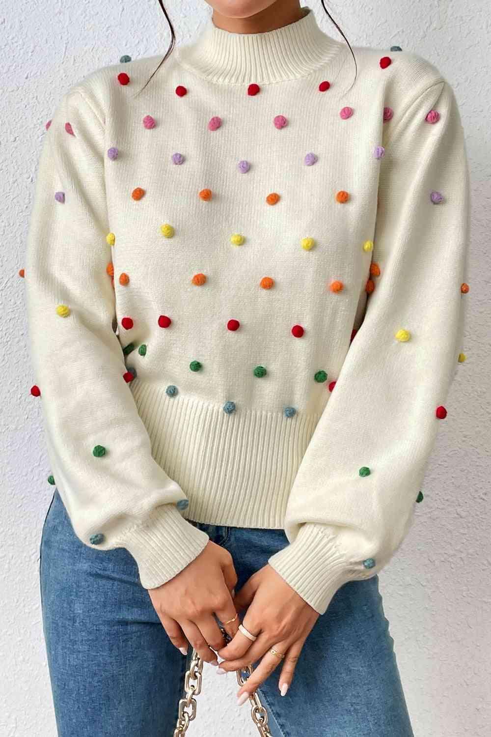Cozy Aesthetic Mock Neck Pom-Pom Sweater-MXSTUDIO.COM