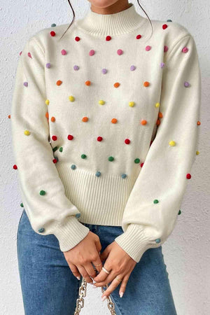 Cozy Aesthetic Mock Neck Pom-Pom Sweater-MXSTUDIO.COM
