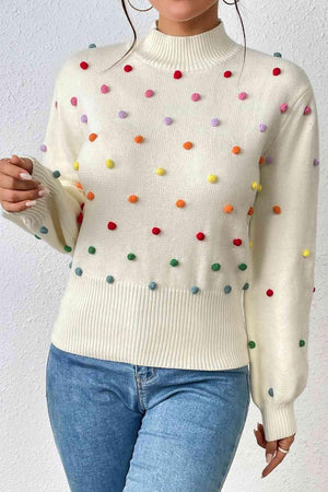 Cozy Aesthetic Mock Neck Pom-Pom Sweater-MXSTUDIO.COM
