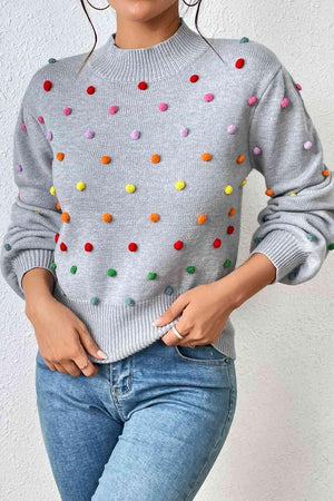 Cozy Aesthetic Mock Neck Pom-Pom Sweater-MXSTUDIO.COM