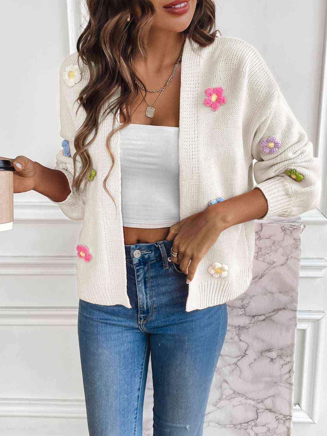 Cozy Aesthetic Open Front Floral Knit Cardigan-MXSTUDIO.COM