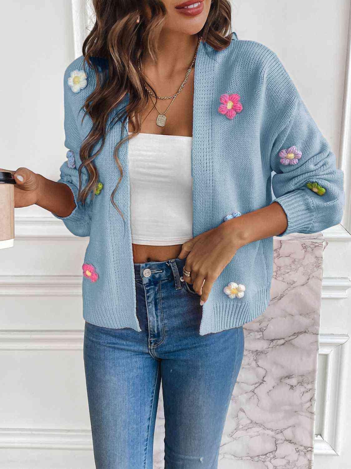 Cozy Aesthetic Open Front Floral Knit Cardigan-MXSTUDIO.COM