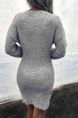 Cozy Appeal Rib Knit Deep V Neck Sweater Dress-MXSTUDIO.COM