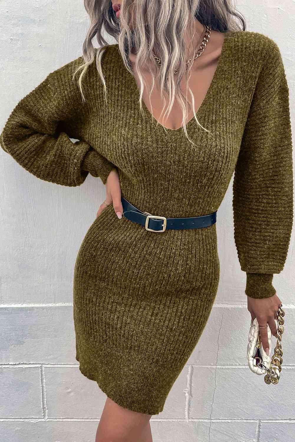 Cozy Appeal Rib Knit Deep V Neck Sweater Dress-MXSTUDIO.COM