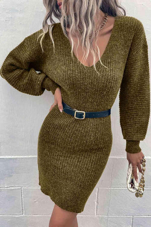 Cozy Appeal Rib Knit Deep V Neck Sweater Dress-MXSTUDIO.COM
