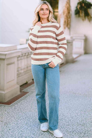 Cozy Charm Long Sleeve Striped Knit Sweater - MXSTUDIO.COM