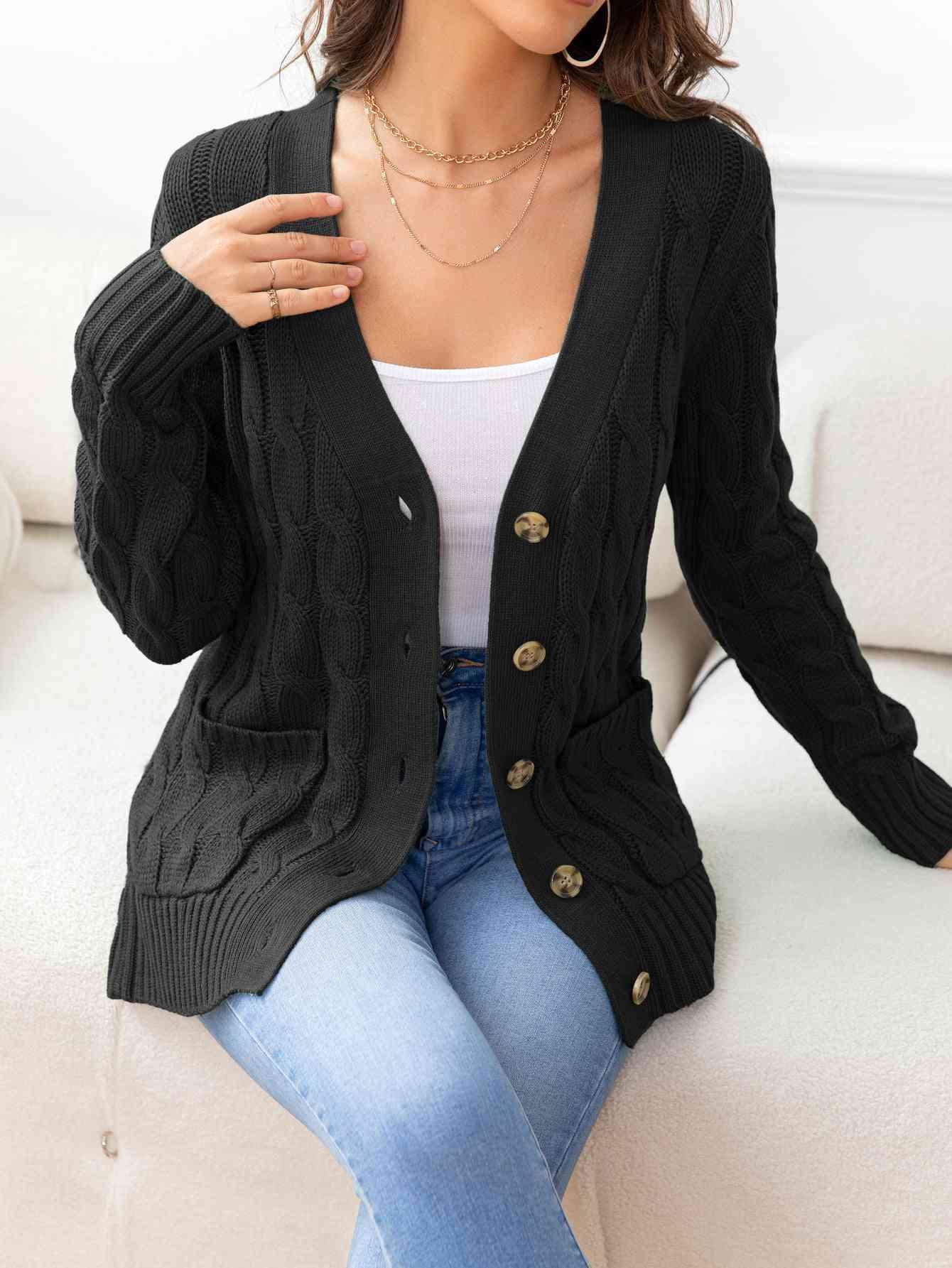 Cozy Embrace Button Up Cable Knit Cardigan-MXSTUDIO.COM
