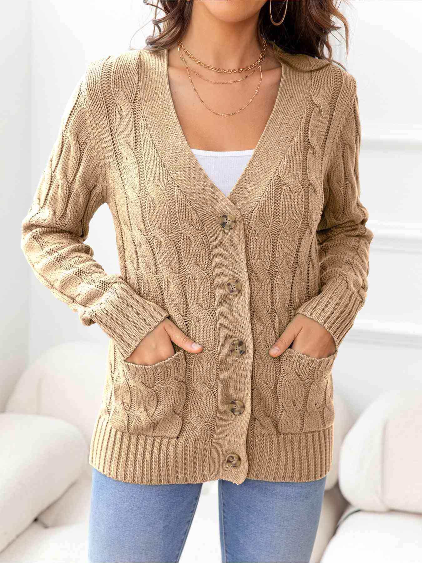 Cozy Embrace Button Up Cable Knit Cardigan-MXSTUDIO.COM