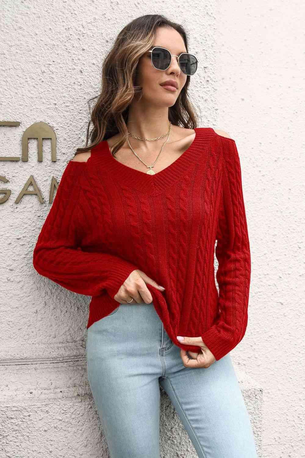 Cozy Era Cold Shoulder Cable Knit Sweater - MXSTUDIO.COM