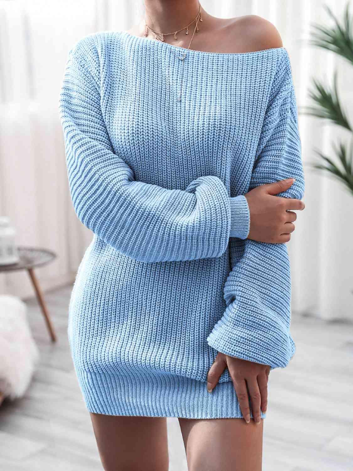 Cozy Fascination Rib-Knit Boat Neck Sweater Dress-MXSTUDIO.COM