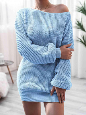 Cozy Fascination Rib-Knit Boat Neck Sweater Dress-MXSTUDIO.COM