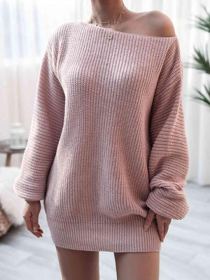 Cozy Fascination Rib-Knit Boat Neck Sweater Dress-MXSTUDIO.COM