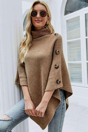 Cozy Fashionista Buttoned Turtle Neck Poncho - MXSTUDIO.COM