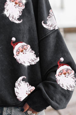 Cozy Holiday Black Sequin Santa Claus Sweatshirt-MXSTUDIO.COM