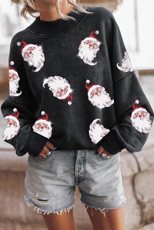 Cozy Holiday Black Sequin Santa Claus Sweatshirt-MXSTUDIO.COM