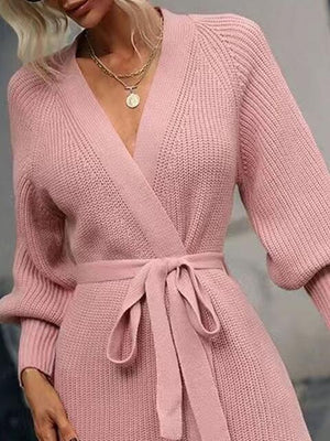 Cozy In Style Knit Long Sleeve Wrap Sweater Dress-MXSTUDIO.COM