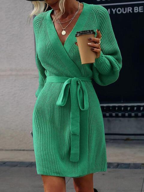 Cozy In Style Knit Long Sleeve Wrap Sweater Dress-MXSTUDIO.COM