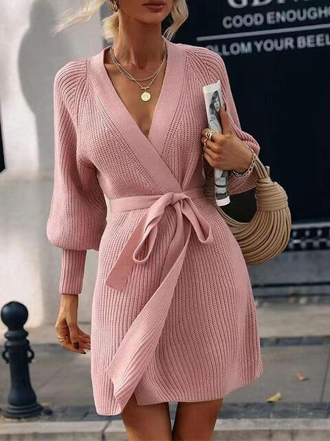 Cozy In Style Knit Long Sleeve Wrap Sweater Dress-MXSTUDIO.COM