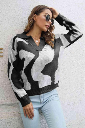 Cozy In Style Two-Tone Collared Pullover Sweater - MXSTUDIO.COM