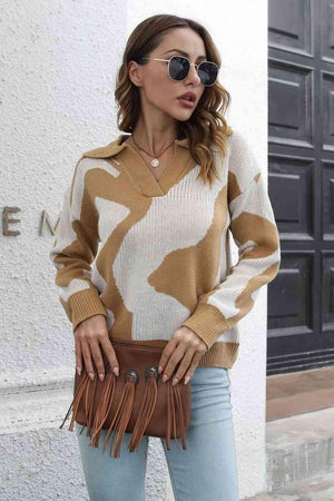 Cozy In Style Two-Tone Collared Pullover Sweater - MXSTUDIO.COM