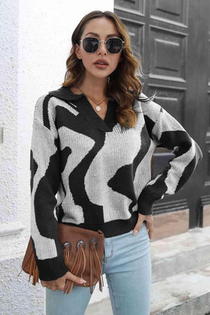 Cozy In Style Two-Tone Collared Pullover Sweater - MXSTUDIO.COM