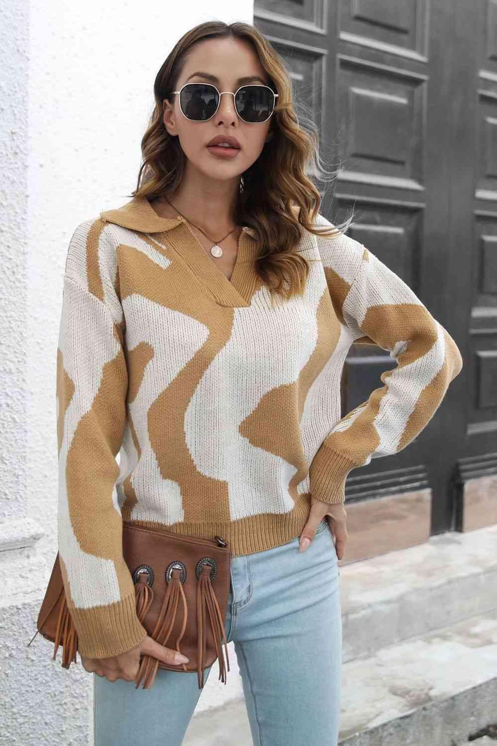 Cozy In Style Two-Tone Collared Pullover Sweater - MXSTUDIO.COM
