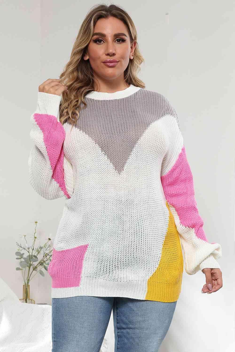 Cozy Long Sleeve Plus Size Color Block Sweater - MXSTUDIO.COM