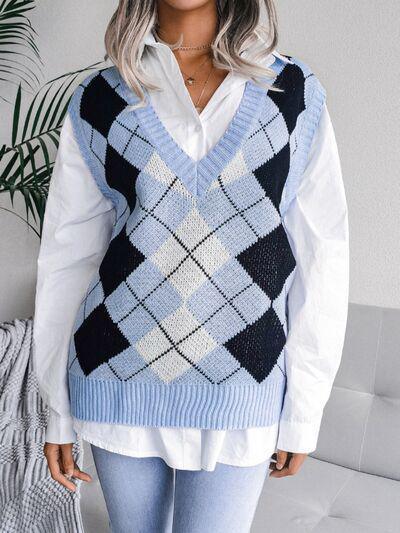 a woman wearing a blue and white argyle sweater