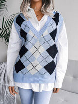 a woman wearing a blue and white argyle sweater