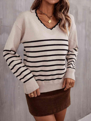 Cozy Season Striped V Neck Sweater-MXSTUDIO.COM