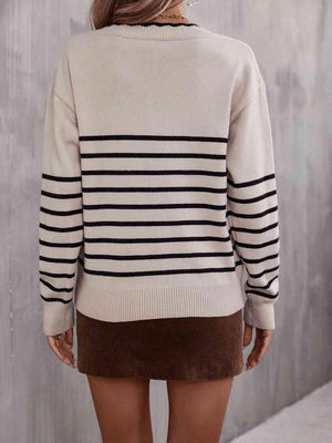 Cozy Season Striped V Neck Sweater-MXSTUDIO.COM