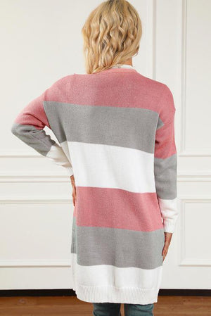Cozy Shield Open Front Long Striped Cardigan-MXSTUDIO.COM