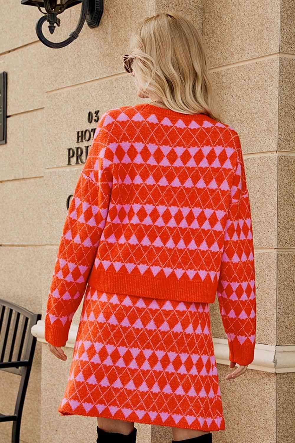 Cozy Trend Geometric Knit Cardigan and Skirt Set - MXSTUDIO.COM