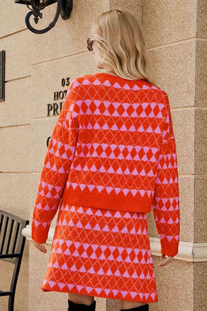 Cozy Trend Geometric Knit Cardigan and Skirt Set - MXSTUDIO.COM