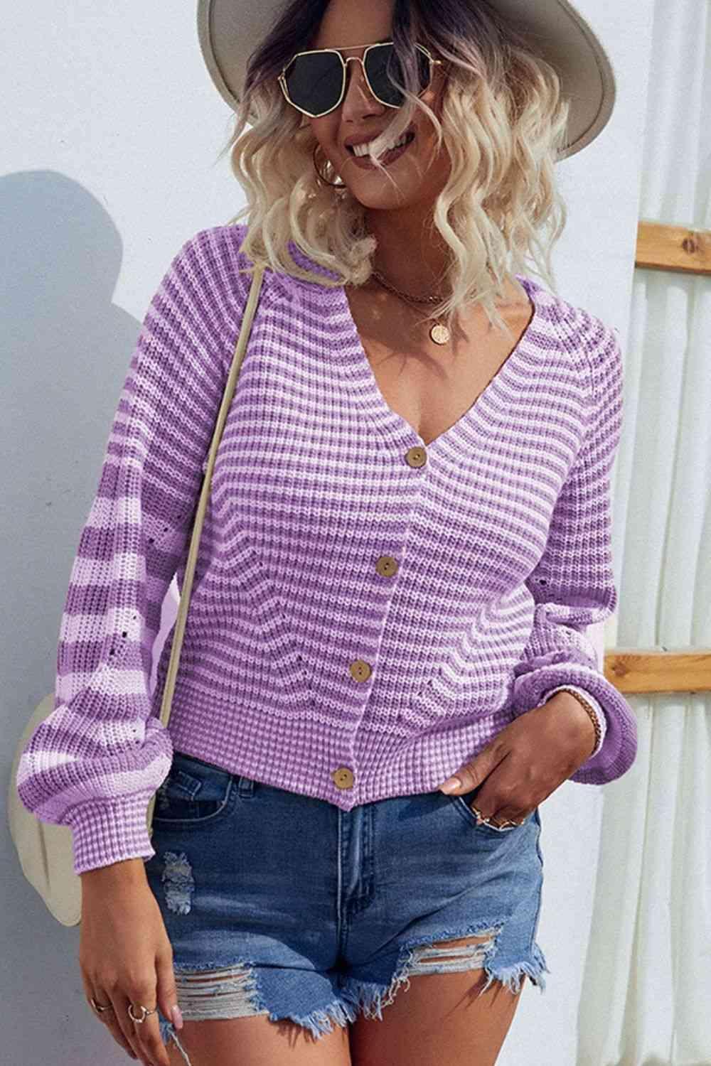 Crisp Air Feels Buttoned Striped Cardigan Sweater - MXSTUDIO.COM