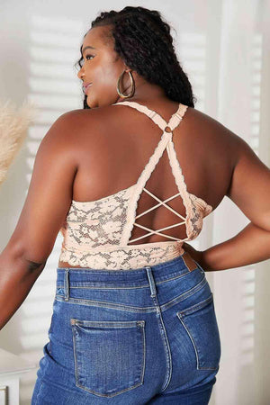 Crisscross Back Light Apricot Plus Size Lace Bralette - MXSTUDIO.COM