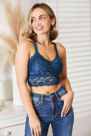 Crisscross Back Navy Blue Plus Size Lace Bralette - MXSTUDIO.COM