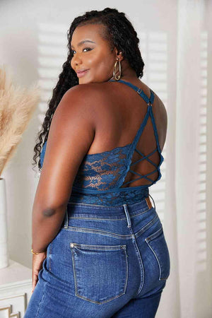 Crisscross Back Navy Blue Plus Size Lace Bralette - MXSTUDIO.COM