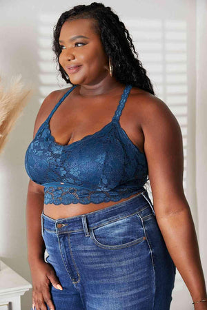 Crisscross Back Navy Blue Plus Size Lace Bralette - MXSTUDIO.COM