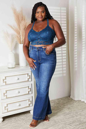 Crisscross Back Navy Blue Plus Size Lace Bralette - MXSTUDIO.COM