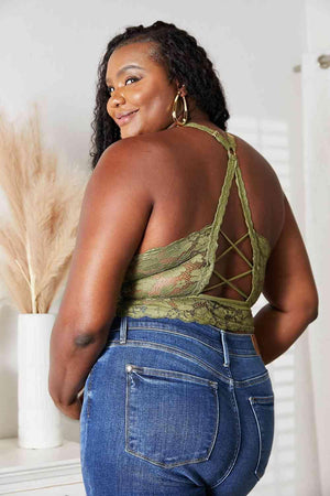 Crisscross Back Olive Green Plus Size Lace Bralette - MXSTUDIO.COM
