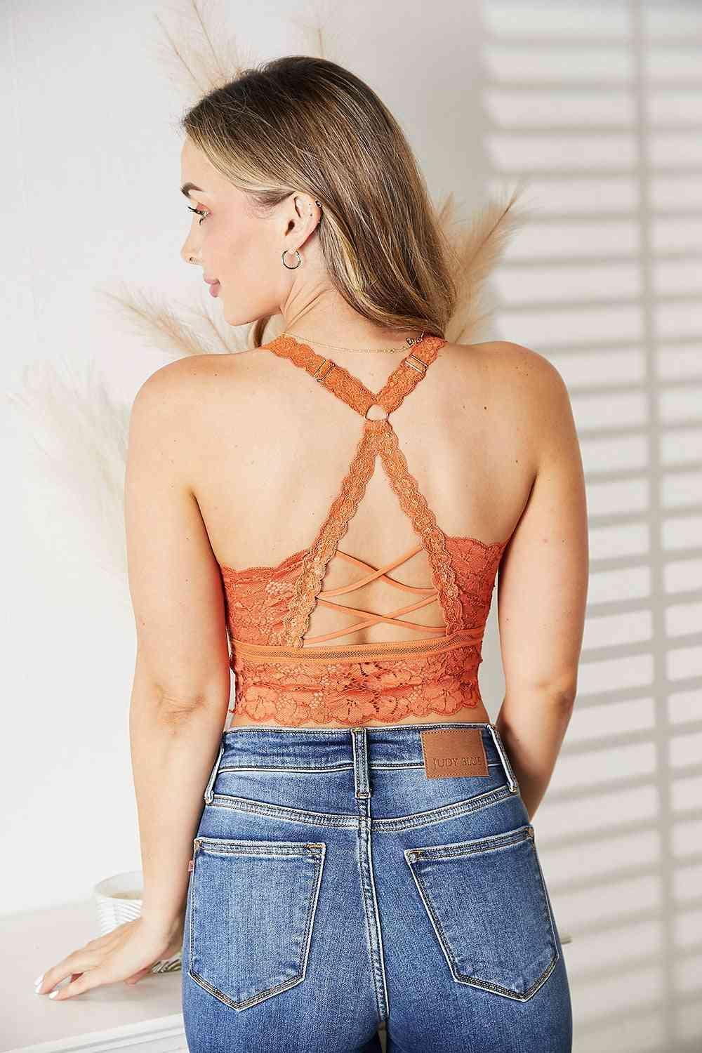 Crisscross Back Rust Plus Size Lace Bralette - MXSTUDIO.COM