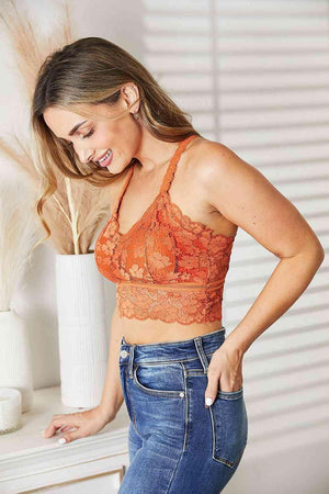 Crisscross Back Rust Plus Size Lace Bralette - MXSTUDIO.COM