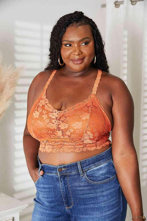 Crisscross Back Rust Plus Size Lace Bralette - MXSTUDIO.COM