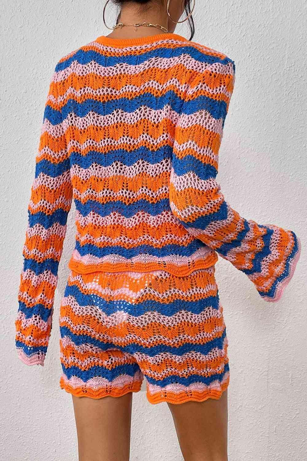 Crochet Striped Knit Sweater and Shorts Set-MXSTUDIO.COM