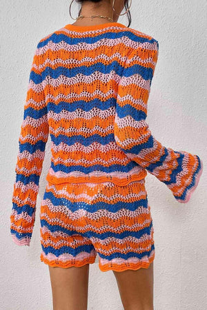 Crochet Striped Knit Sweater and Shorts Set-MXSTUDIO.COM