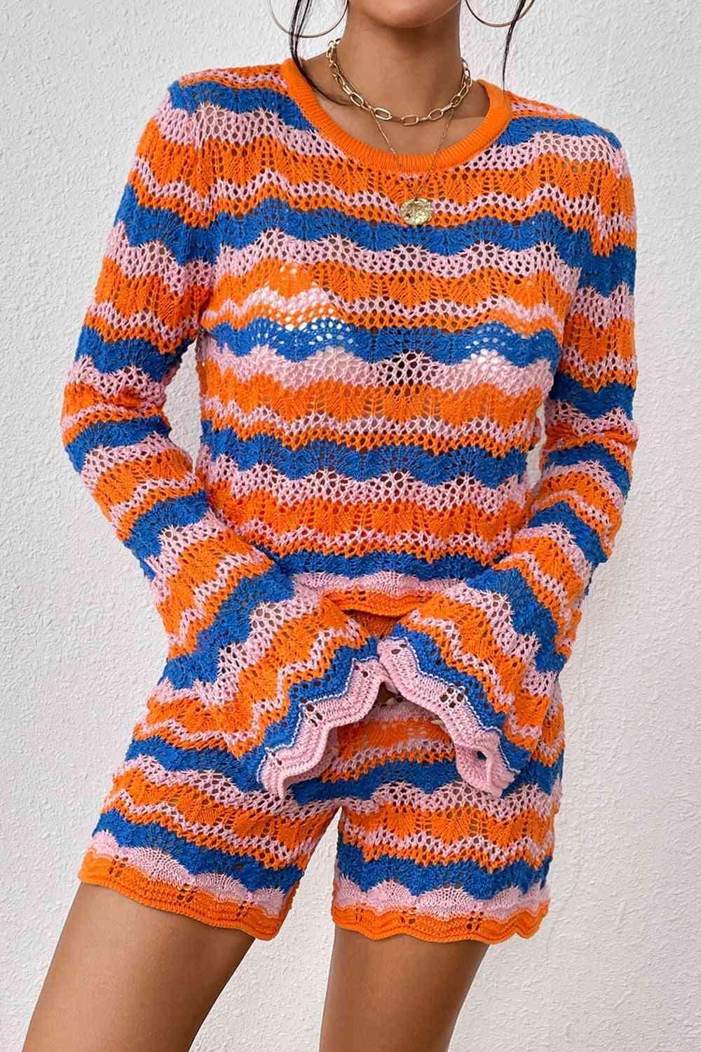 Crochet Striped Knit Sweater and Shorts Set-MXSTUDIO.COM