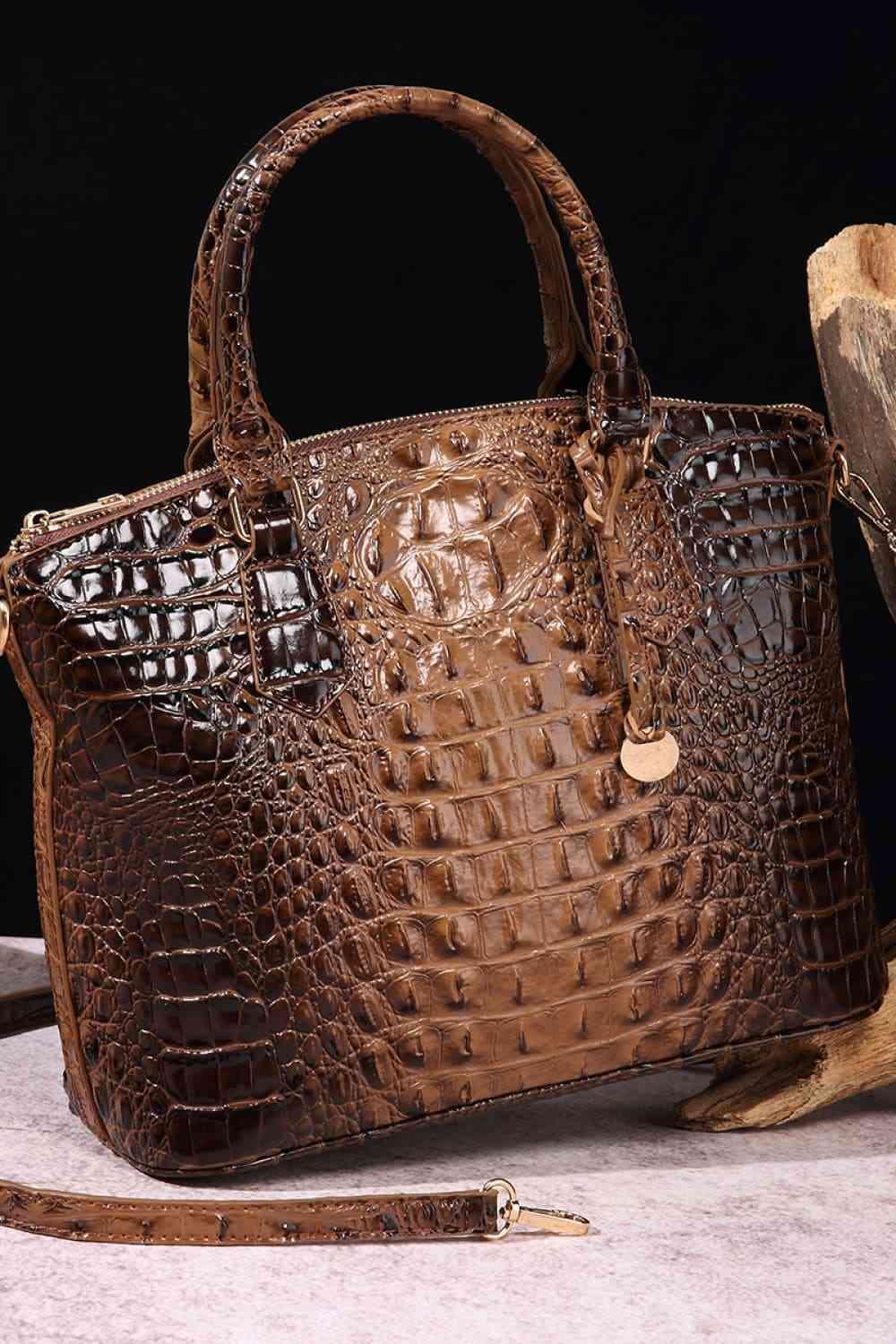 a brown purse sitting on top of a table