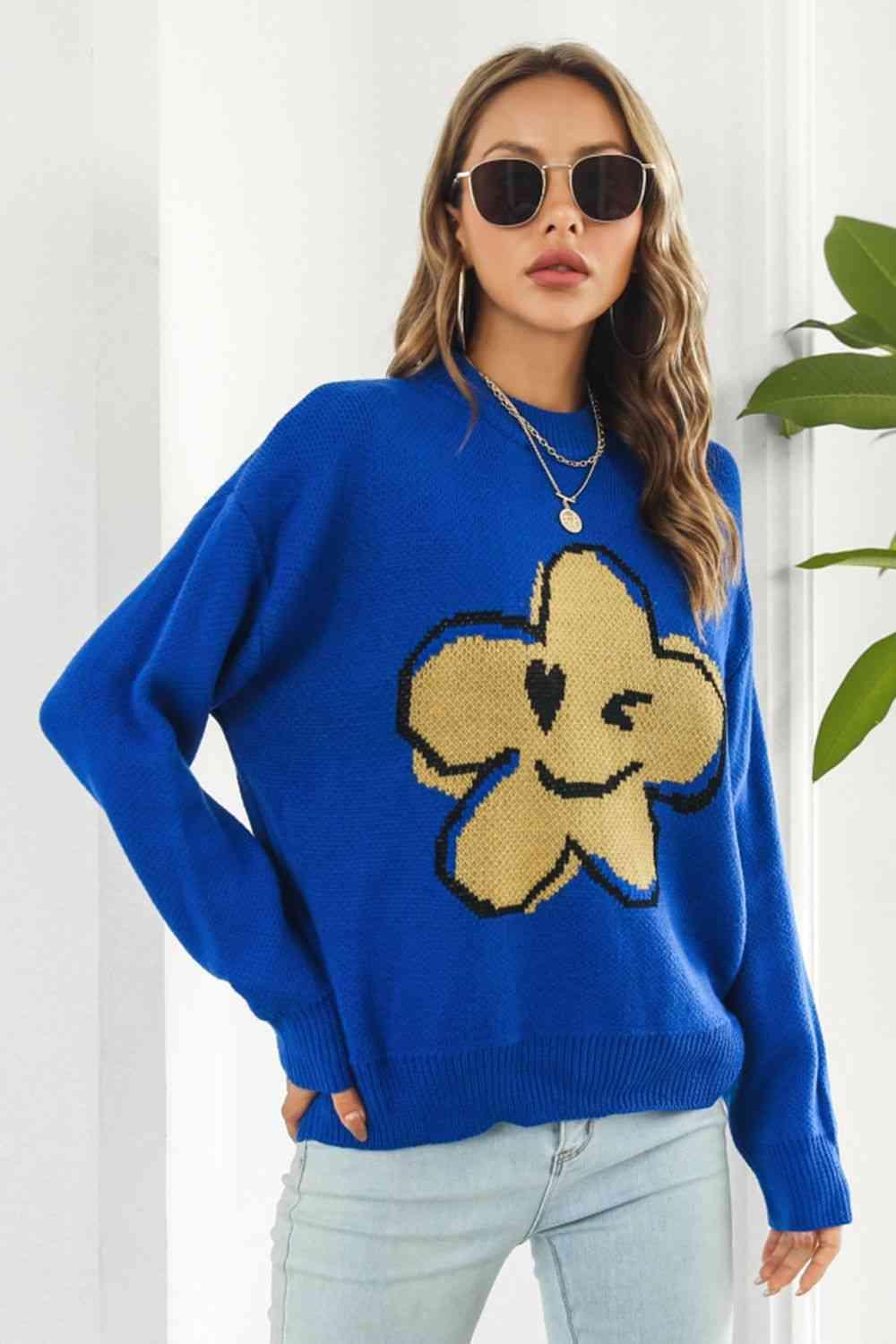 Cute And Warm Knit Crew Neck Flower Sweater - MXSTUDIO.COM